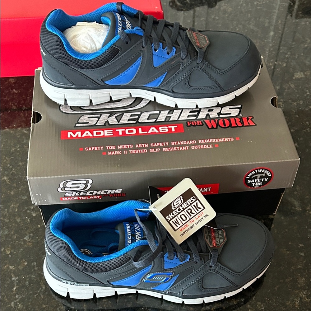 Skechers Safety Toe Gray and Blue Men's Work Sneakers